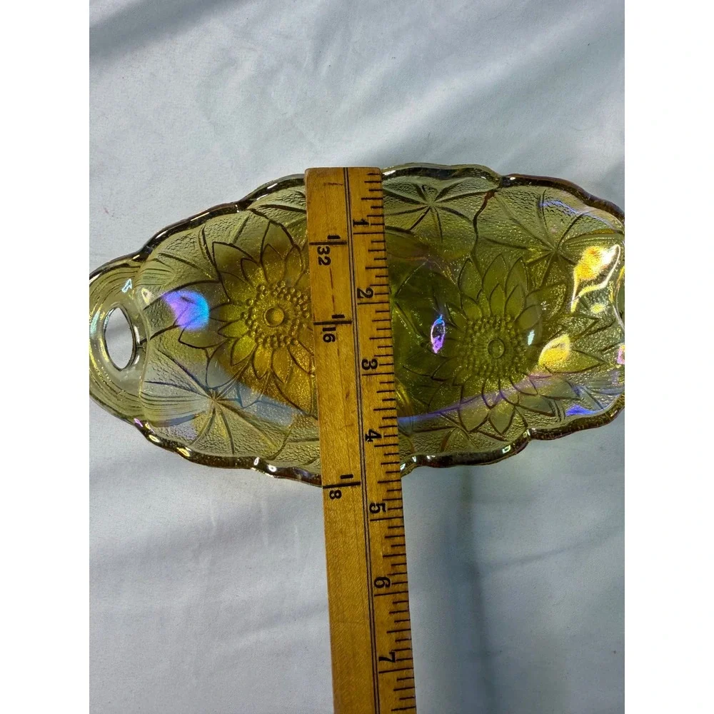 Vintage Sunflower Carnival Glass Relish Dish Marigold Iridescent Amber Tray